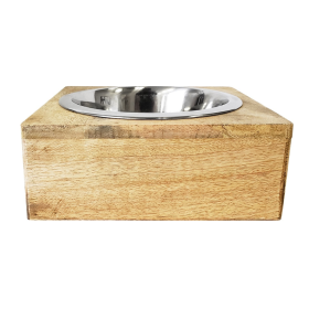 Stainless Steel Dog Bowl with Square Mango Wood Holder